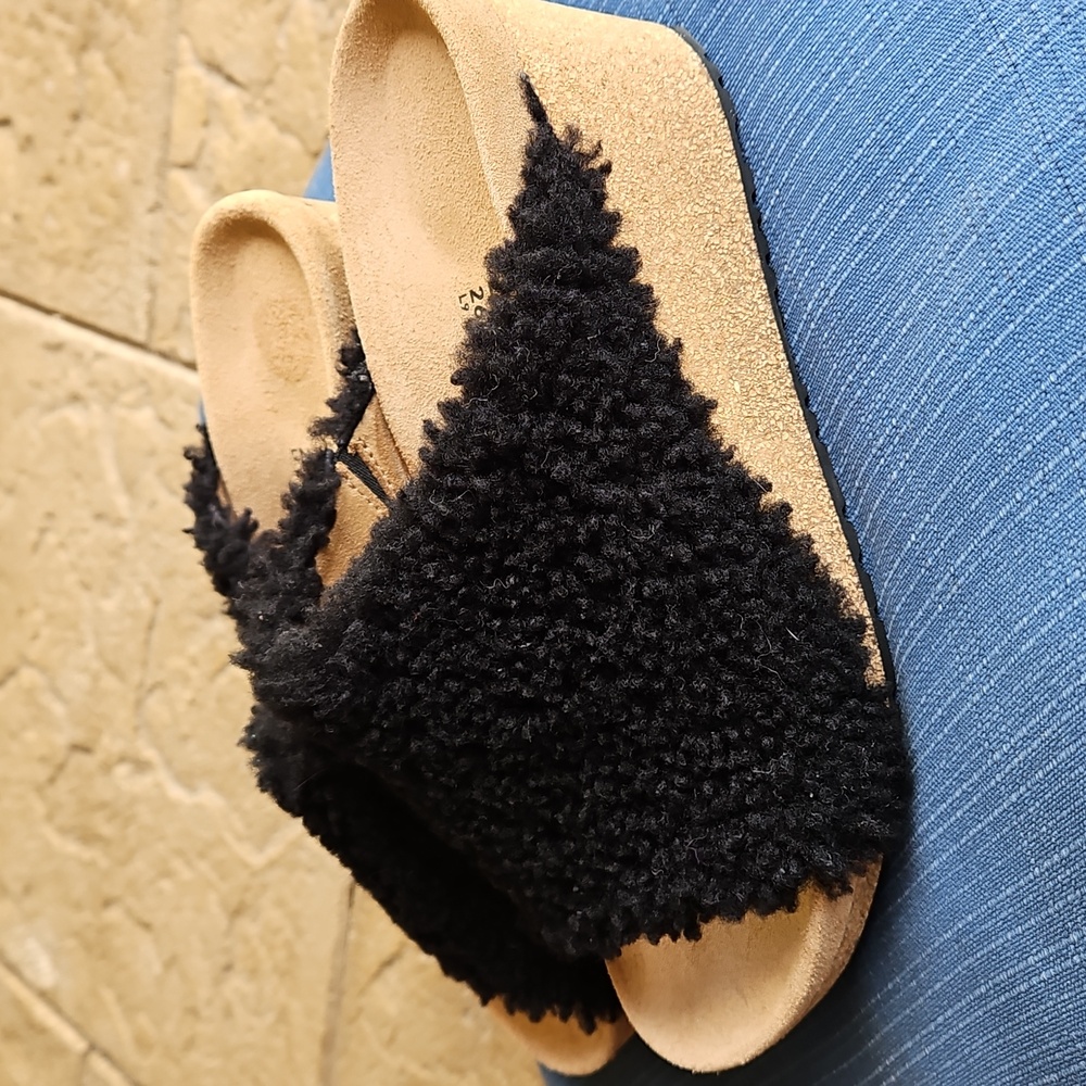 Birkenstock PAPILLIO Namica Teddy Shearling Fur Wedge Mules Slides Black, Size 9